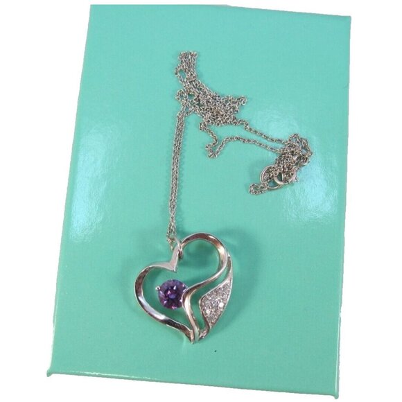 Sterling Silver Amethyst and Rhinestone Heart Pendant Necklace - Picture 6 of 12